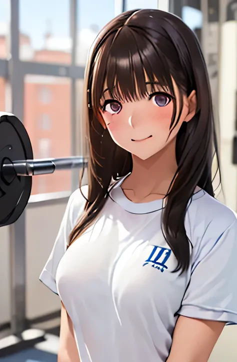 ((1 girl,solo))((black brown hair,long hair))(((buruma), dark blue buruma, school, gym shirts, white shirts, white t-shirts, short sleeves, gym uniform))((thigh))((indoor))((standing))((v-shaped eyebrows))((half closed eyes))((sharp eyes))((sweat,blush,clo...