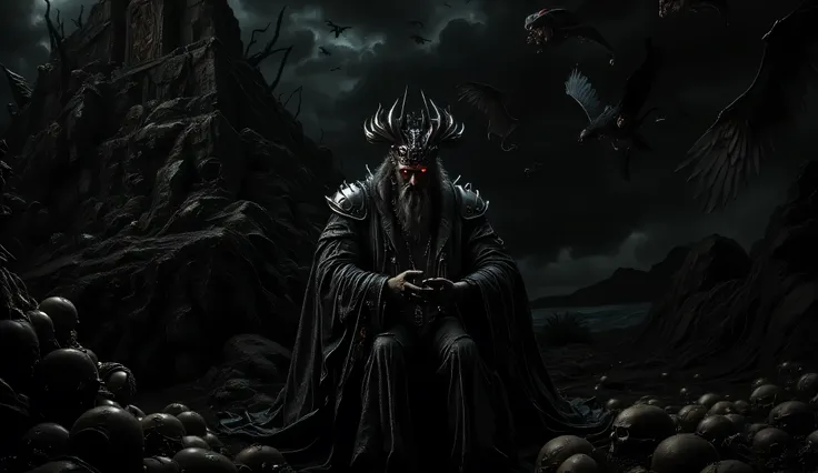Elder god,  aged, with long, flowing, grey beard,  wearing dark, hooded robe,  ornate, dark, horned crown,  red eyes, grim expression, playing ancient piano,  seated on a dark ship, surrounded by waves,  dark stormy sea,  dark grey sky, many ravens flying,...