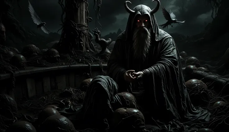 Elder god,  aged, with long, flowing, grey beard,  wearing dark, hooded robe,  ornate, dark, horned crown,  red eyes, grim expression, playing ancient piano,  seated on a dark ship, surrounded by waves,  dark stormy sea,  dark grey sky, many ravens flying,...