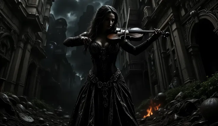 Woman playing violin,  European, 25-30 years old, dark-haired, with delicate facial features and a melancholic expression, wearing a dark, richly embroidered, Victorian-style corset bodice with detailed lace and embroidered roses;  long, black, lace gloves...