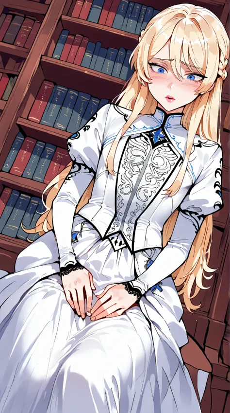 1male, femboy, 5 foot tall, long blonde hair, princess braid, lush lips, blue eyes, feminine adult face, adorable body, cute expression, white dress with black secondary colors, lace, submissive, fantasy library background, bookshelves