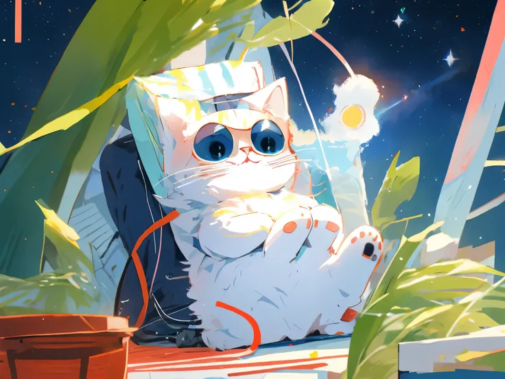 Anime cat, cat in a spacesuit, cat in space, full body, entire body, wide angle, long shot, full shot, background visible, Conquer the Universe, cat artificial satellite, full shot, big Jupiter