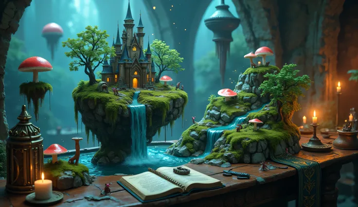 magical microworld, Dungeons & Dragons fantasy setting, tiny floating islands covered in miniature forests, glowing mushrooms, crystal-clear streams hover in the air, surrounded by swirling arcane energy, miniature castles carved from gemstones sit atop gr...