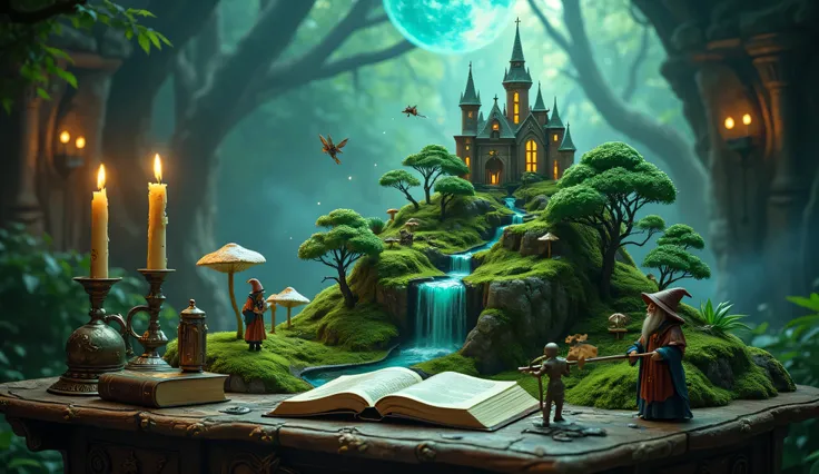 magical microworld, Dungeons & Dragons fantasy setting, tiny floating islands covered in miniature forests, glowing mushrooms, crystal-clear streams hover in the air, surrounded by swirling arcane energy, miniature castles carved from gemstones sit atop gr...