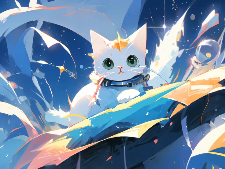 Anime cat, cat in a spacesuit, cat in space, full body, entire body, wide angle, long shot, full shot, background visible, Conquer the Universe, cat artificial satellite, full shot, big Jupiter