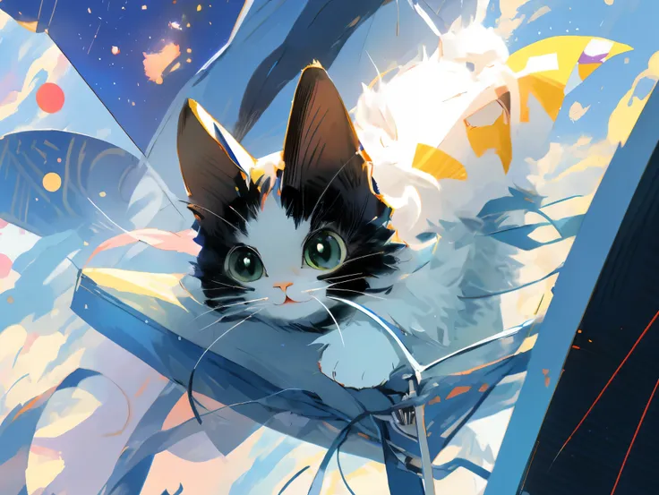 Anime cat, cat in a spacesuit, cat in space, full body, entire body, wide angle, long shot, full shot, background visible, Conquer the Universe, cat artificial satellite, full shot, big Jupiter