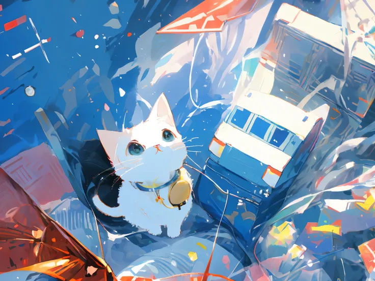 Anime cat, cat in a spacesuit, cat in space, full body, entire body, wide angle, long shot, full shot, background visible, Conquer the Universe, cat artificial satellite, full shot, big Jupiter