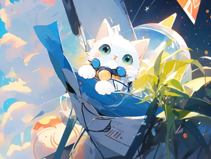 Anime cat, cat in a spacesuit, cat in space, full body, entire body, wide angle, long shot, full shot, background visible, Conquer the Universe, cat artificial satellite, full shot, big Jupiter