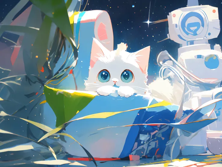 Anime cat, cat in a spacesuit, cat in space, full body, entire body, wide angle, long shot, full shot, background visible, Conquer the Universe, cat artificial satellite, full shot, big Jupiter