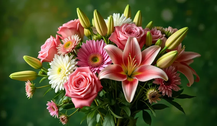 a bouquet of vibrant flowers,lush green background,ample copy space,professional photograph,ultra-detailed,high resolution,4k,hdr,studio lighting,vivid colors,natural lighting,soft focus,floral arrangement,roses,lilies,chrysanthemums,tulips,petals,stems,le...