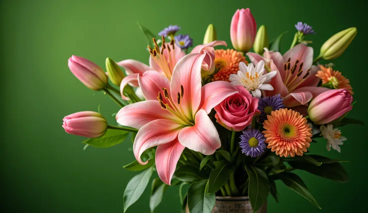 a bouquet of vibrant flowers,lush green background,ample copy space,professional photograph,ultra-detailed,high resolution,4k,hdr,studio lighting,vivid colors,natural lighting,soft focus,floral arrangement,roses,lilies,chrysanthemums,tulips,petals,stems,le...
