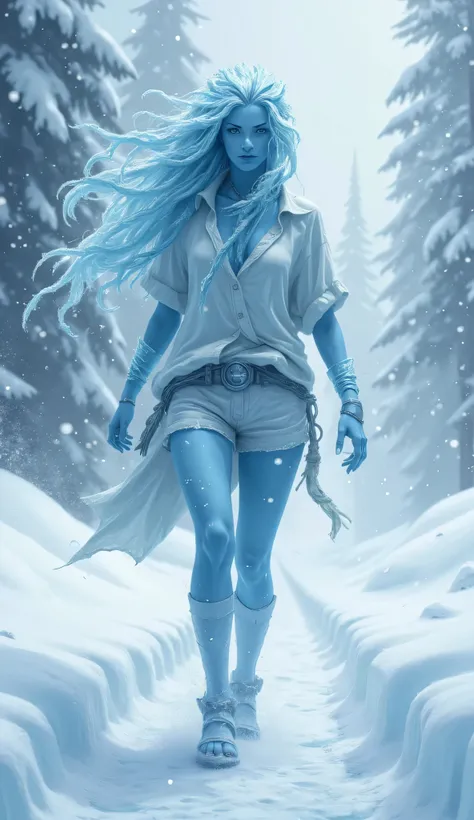 fantasy-inspired humanoid female character, Ice Genasi, walking calmly, heavy snowstorm, middle of winter, light summer clothes, loose short-sleeved shirt, shorts, sandals, pale icy blue skin, almost translucent, subtle frost patterns shimmering across ski...