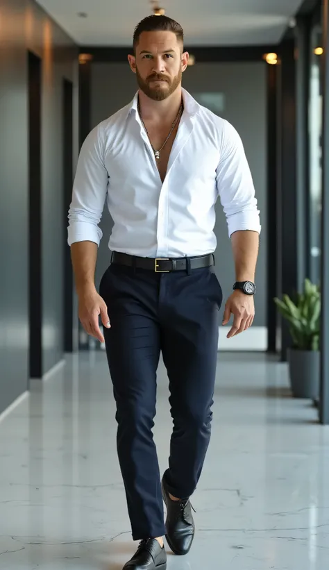 realistic full body image of a muscular Western male office worker with the face of Tom Hardy, wearing a fitted white dress shirt with rolled-up sleeves, slim dark navy trousers, black leather belt and polished shoes, slight open collar revealing defined c...