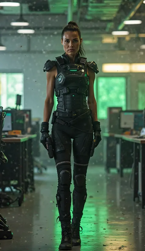 A full-body image of Gal Gadot as Sonya Blade from Mortal Kombat, standing in the same modern open office space she was in before the transformation, but now subtly altered with futuristic tactical elements—such as holographic monitors, glowing weapon lock...