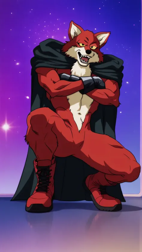 score_9, score_8_up, score_7_up, Just a boy, serious expression, Makeup for girls Basil DBS, yellow sclera,     Red body,     red fur, lobo, Of a wolf , negro, black gloves,  black nose , lobo ears, sharp teeth, fangs,  hairy, anthropomorphic), purple back...