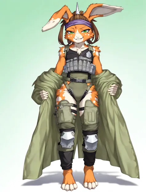 anthro fantasy anime buff male rabbit demi-human with medium shoulder length Brown hair tied back and a mythril unicorn horn protruding from forehead and a more human face with rabbit like ears and rabbit like legs ((masterpiece)), ((HD)), ((high res)), (...