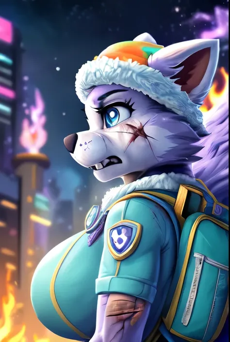 Everest, ((Paw Patrol)), ((female solo)), domestic dog, female, adult female, blue eyes, (lavender fur:1.65), ((lavender body)), (wearing space outfit:1.25), (wearing Paw Patrol bagpack:1.45), ((wearing aqua winter hat)), ((sharp teeths)), ((large fangs)),...