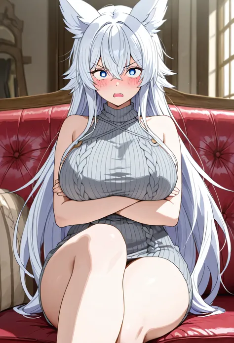 (masterpiece), best quality, expressive eyes, perfect face, hair_between_eyes, blush, long_hair, blue_eyes, animal_ears, bangs, white_hair, Fenrys_(Lv2_ Kara_Cheat_Datta_Moto_Yuushua), solo, 1 girl, Front pose, sitting on leather sofa, big thighs, legs cro...