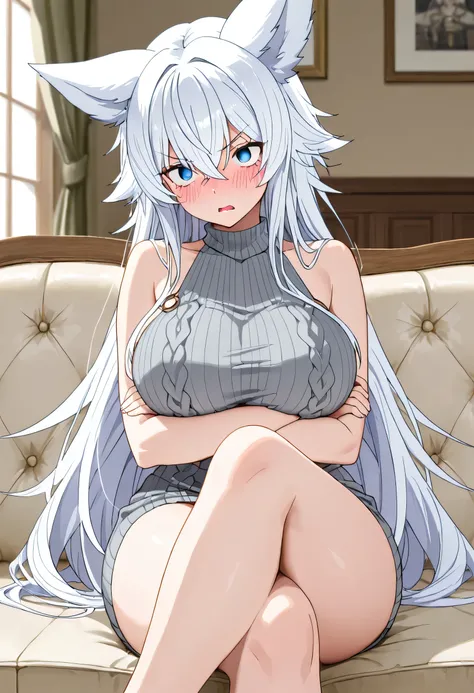 (masterpiece), best quality, expressive eyes, perfect face, hair_between_eyes, blush, long_hair, blue_eyes, animal_ears, bangs, white_hair, Fenrys_(Lv2_ Kara_Cheat_Datta_Moto_Yuushua), solo, 1 girl, Front pose, sitting on leather sofa, big thighs, legs cro...