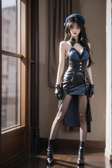 yangyang cosplay costume,yangyang,cosplay,black hair,long hair,multicolored hair,white hair,dress,hat,bare shoulders,detached collar,single glove,arm strap,gloves,pantyhose,black pantyhose,boots,high heel boots
(photorealistic:1.3), masterpiece, best quali...
