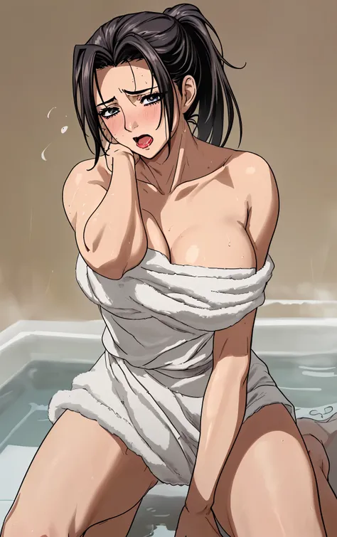 40 years old,Mature Woman,black hair,ponytail,I'm wrapping a bath towel around my bare skin,I'm wrapping a bath towel around my bare skin,I'm sweaty all over my face,viewed from below,It emphasizes the crotch,sexy look,fascinated eyes on men's clothes,unfo...