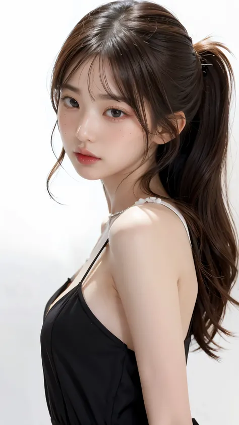 1girl, black dress, white background,