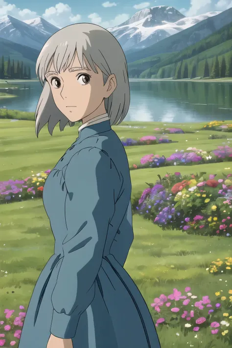 upper body, (best quality), (masterpiece), (solo), 1girl, grey hair, brown eyed, medium length hair, blue dress, grass, flowers, lake, trees, mountains, sunny, looking at viewer