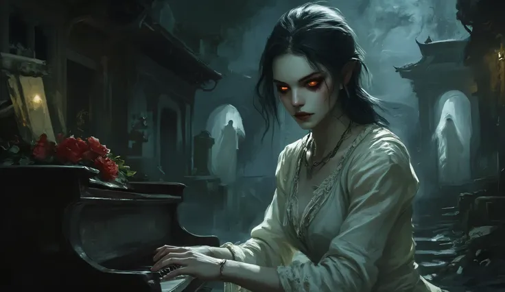 The famous ghost that appears in Japanese folklore, sadako, is reinterpreted as a beautiful but terrifying woman. She has been there for a long time, her black hair is waist-length, and her fair skin is faint, she is sitting at the piano, on the piano ther...