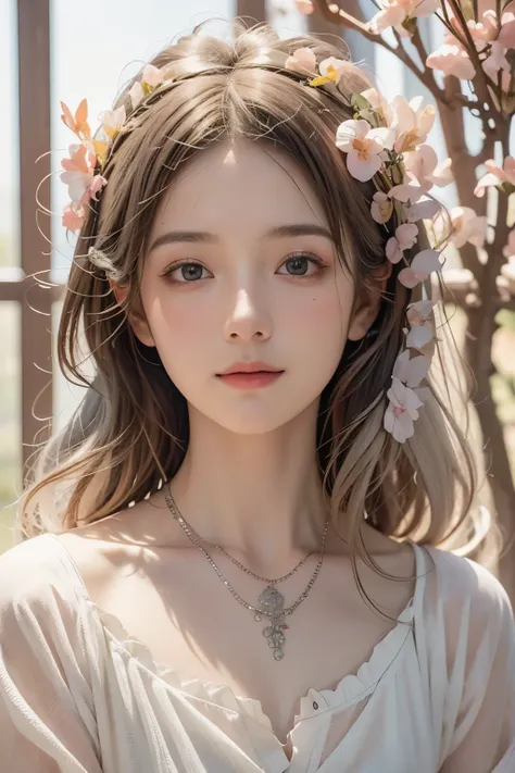 (detailed oil painting of a beautiful woman), rough touch, focus on face, (small smile with calm, kind and bright expression), ((silver grey brown almost straight medium long hair!)), ((close up)), shiny skin, glossy lips, ((casual pastel spring outfit)), ...
