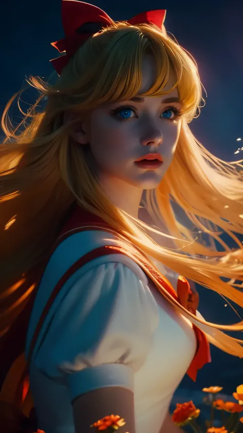 a beautiful sailor venus, detailed facial features, piercing blue eyes, rosy lips, long eyelashes, blonde hair in a red bow, sailor orange uniform with a blue bow, portrait in a magical fantasy landscape, colorful flowers, glowing moon in the night sky, dr...