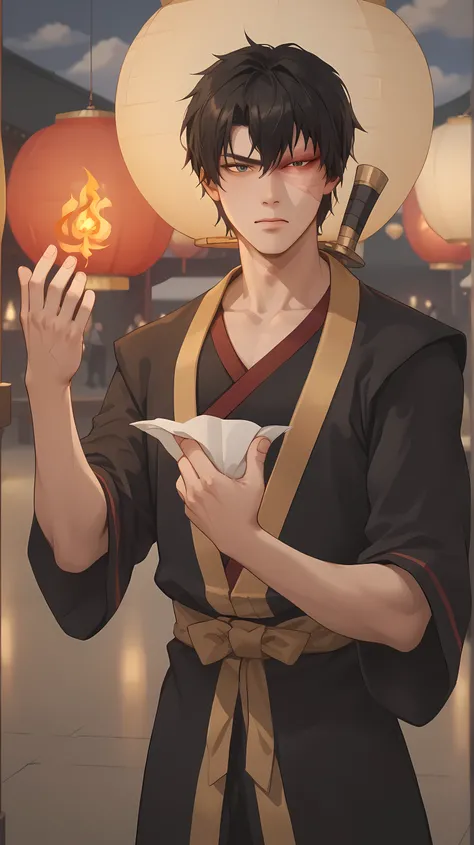一张2D动漫style的垂直插画 (9:16) and the image of an original fire martial artist.
He wears a red and black traditional martial arts robe with a flame pattern {x} He is a young East Asian male with long black hair tied behind his head, an obvious scar above the lef...