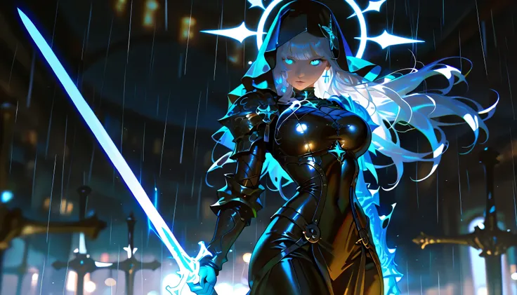masterpiece, high quality, 4K HD, very aesthetic, 1 girl, beautiful face, long hair, nun, big breasts, dark background, photorealistic, free pose, blue glowing eyes, front bangs, (slim waist), wide hips, holding 1 sword near face, armor, ((dramatic light e...