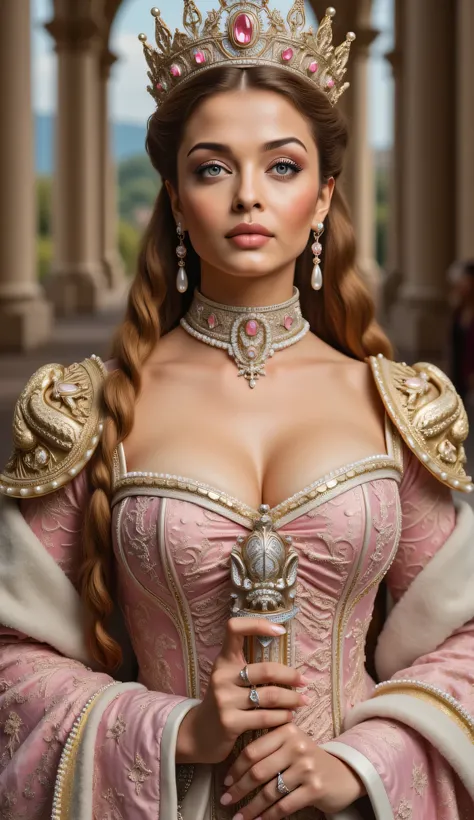 Aishwarya Rai reimagined as a majestic hot and gorgeous Medieval Queen walking and holding silver scepter､1 female､ full body, cleavage,
Golden-blonde hair, styled in intricate braids intertwined with pearl-studded gold threads, cascades over the shoulders...