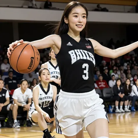 A young female basketball player executes a dynamic jump shot with precision and grace. She holds the basketball firmly in both hands, her form exuding confidence and skill. Her slim-fit uniform highlights her athletic build, while black high socks and mat...