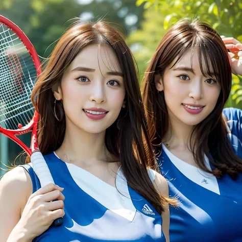 A young female tennis player in a sleek blue outfit stands ready, gripping her racket with both hands in a poised stance. Sunlight accentuates the crisp lines of her attire and the polished strings of the racket. Her determined gaze locks onto an unseen op...