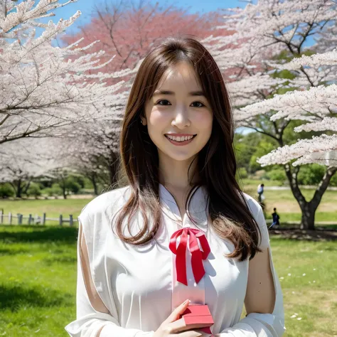 A breathtakingly beautiful 20-year-old woman stands in a lush park filled with cherry blossoms in full bloom beneath a clear blue sky. She wears a classic sailor uniform and gently holds a small, neatly wrapped gift box adorned with a red ribbon. Her radia...