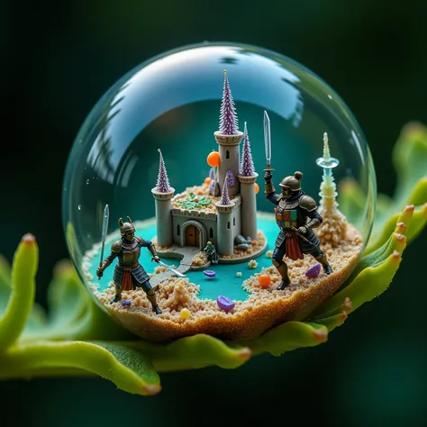 A macro photograph unveils a fantastical microworld encased within a water droplet balanced on a fern frond, as if seen through the eyes of a master photographer. A grand castle, constructed from shimmering calcite spires and organic filaments, anchors the...