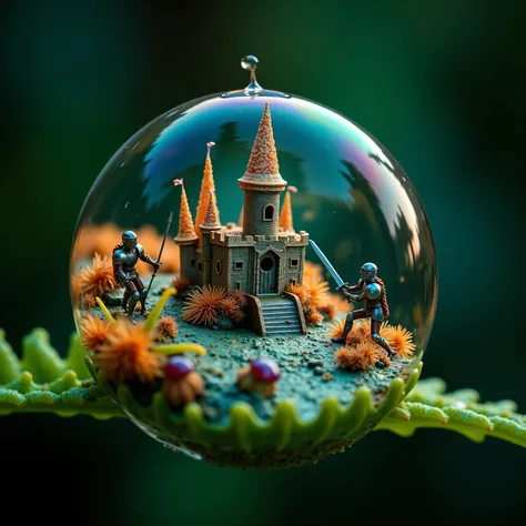 A macro photograph unveils a fantastical microworld encased within a water droplet balanced on a fern frond, as if seen through the eyes of a master photographer. A grand castle, constructed from shimmering calcite spires and organic filaments, anchors the...