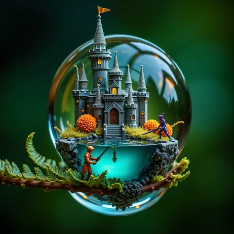 A macro photograph unveils a fantastical microworld encased within a water droplet balanced on a fern frond, as if seen through the eyes of a master photographer. A grand castle, constructed from shimmering calcite spires and organic filaments, anchors the...