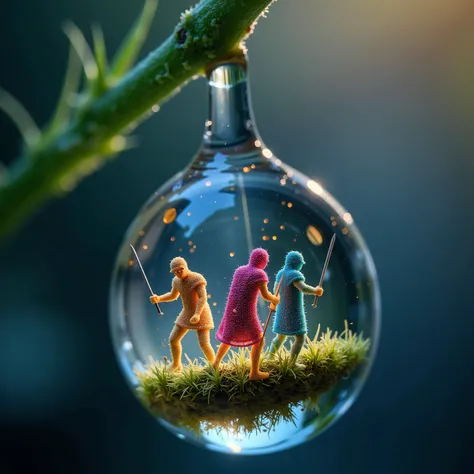 A photorealistic masterpiece of a water droplet clinging to a blade of grass, photographed with a macro lens by a seasoned microphotography expert. Within the droplet, a microscopic kingdom thrives: a grand castle of crystalline volvox stands tall, its wal...