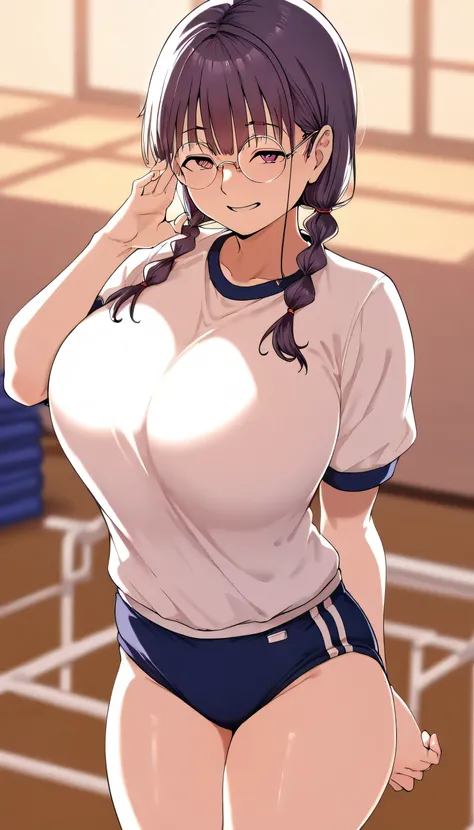 masterpiece,Highest品質,Good Quality,newest,
夜of寝室,
parted lips,
front,smile,
solo,
aTome coloring,
Miyoshi\(nerd_Tomodachi_To_no_sex_of_Highest_To_kimochi_ii\),1人of女of子,紫黒of髪,twin tails,紫と黒of目,round eyewear,
big breasts,
school gym buruma,front