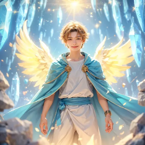 The color of the angel's clothes for a man with a nice smile is in the crystal world of light with an aquamarine cloak and sky blue belt