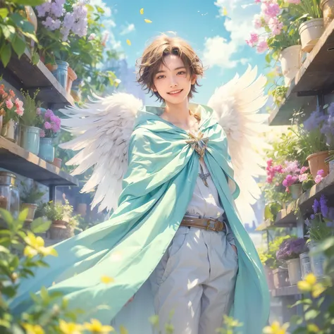 The color of the angel's clothes for a man with a nice smile is in the crystal world of light with an aquamarine cloak and sky blue belt