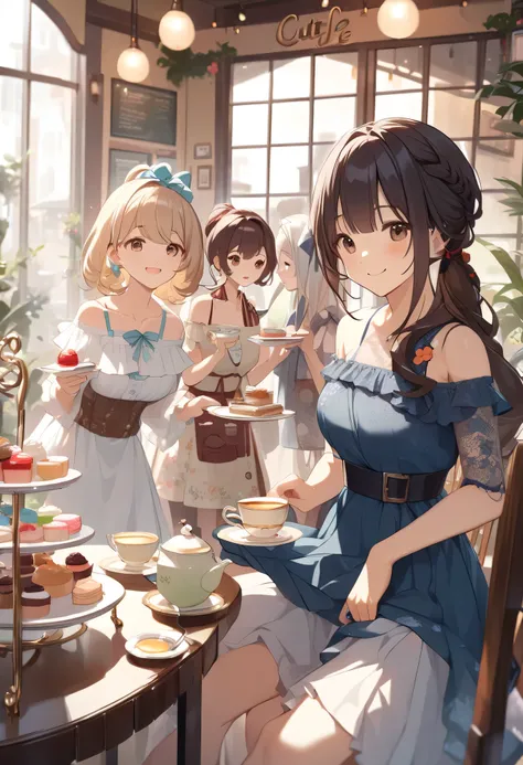 Top Quality、high resolution、HD、masterpiece、detailed background、pretty girl、huge breasts、Perfect Body Line、braided bob cut、ponytail、A cafe with a relaxed atmosphere、smile、(3 girls enjoying tea time at a cute cafe:1.5)、(3 girls enjoying sweets at a cute cafe...