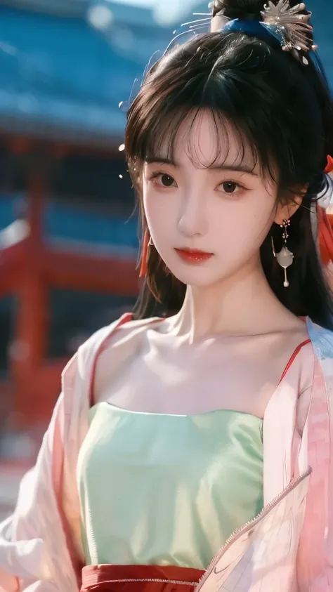 ( masterpiece, highest quality:1.2),  8,000, 85 mm, original photo, confuse, hair, Red Hanfu, Delicate girl,shiny skin, , watching the audience, HDR, clear focus,  Twilight Sky , shiny skin,  small eyes and face , brightly colored background, earrings、 nec...
