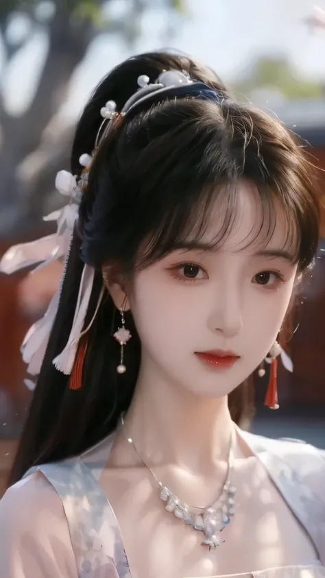 ( masterpiece, highest quality:1.2),  8,000, 85 mm, original photo, confuse, hair, Red Hanfu, Delicate girl,shiny skin, , watching the audience, HDR, clear focus,  Twilight Sky , shiny skin,  small eyes and face , brightly colored background, earrings、 nec...