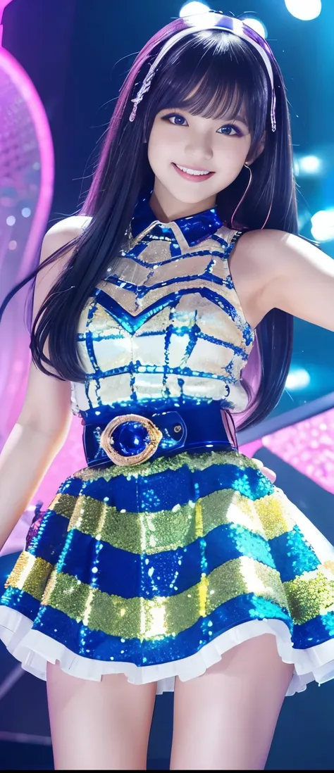 Pure Cyber Idol Girl、A pure girl's face、 hypo、、fluorescent blue and gold checkered sequin mini dress、、 Crystal Belt 、Glowing Crystal Fish、