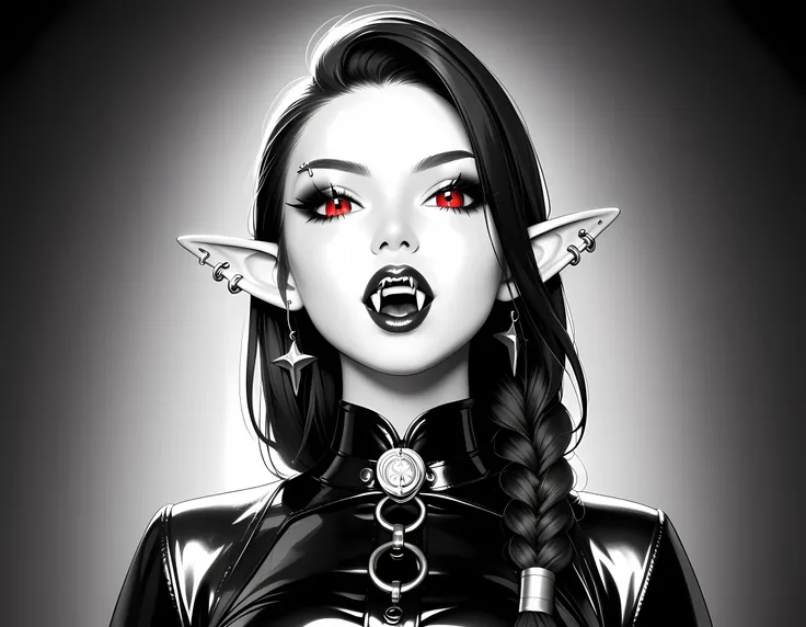 score_9, score_8_up, score_7_up, goth black and white anime portrait (only colors red and black, pink: 1.4), a picture of a goth elf dominatrix queen , best detailed face, small elf ears, long braided hair, hair pulled back, red eyes, small pointed ears w...