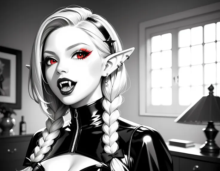 score_9, score_8_up, score_7_up, goth black and white anime portrait (only colors red and black, pink: 1.4), a picture of a goth elf dominatrix queen , best detailed face, small elf ears, long braided hair, hair pulled back, red eyes, small pointed ears w...