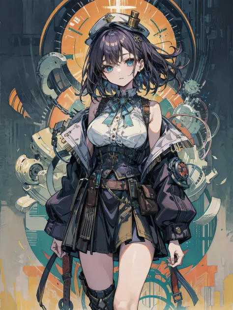 ((cowboy shot)), earring, Colossal breasts, short medium hair, wavy hair, steampunk fashion, waistcoat, blouse, hat, boots, short skirt, bare shoulder,